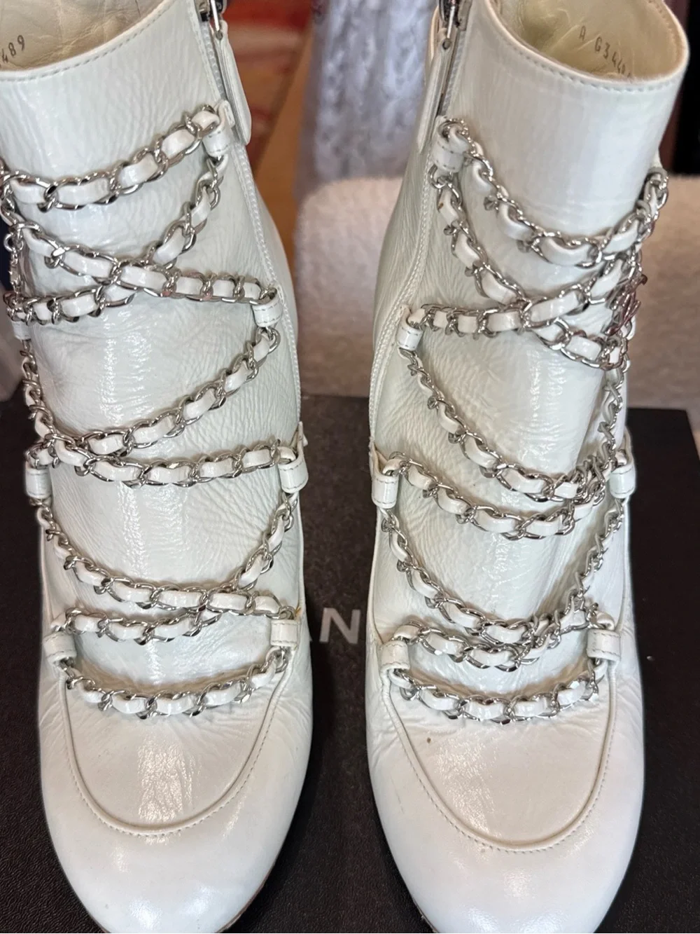 CHANEL White Leather Chain-Wrapped Ankle Boots